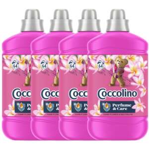 4 pack of Coccolino Tiare Flower & Red Fruits Fabric Softener, 64 washes per bottle, pink bottles with teddy bear and flowers - Liquid fabric softener