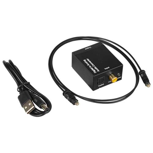 Digitális-analóg hangkonverter Toslink és koaxiális bemenettel, RCA kimenettel, USB tápellátással és kábelekkel