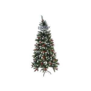 Brad artificial Flippy de 150 cm cu zăpadă, fructe de pădure roșii și conuri de pin - Flippy