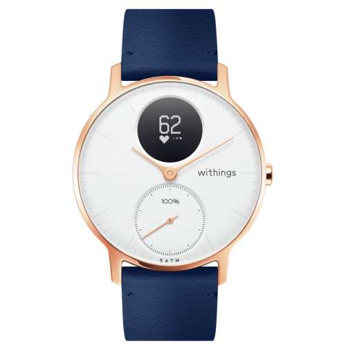Withings Leather Wristband 18mm w Rose Gold buckle for Scanwatch 38mm, Steel HR 36mm, Withings Move, Move ECG, Steel - Navy Blue