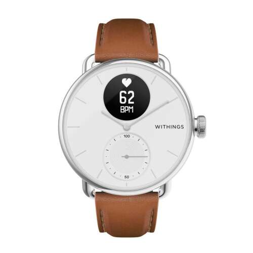 Withings Leather Curved Wristband 18mm w Silver buckle for Scanwatch 38mm, Steel HR 36mm, Withings Move, Move ECG, Steel - Dark Brown