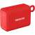 Sencor SSS 1400 red Bluetooth speaker, side view, showing carrying strap and Sencor logo