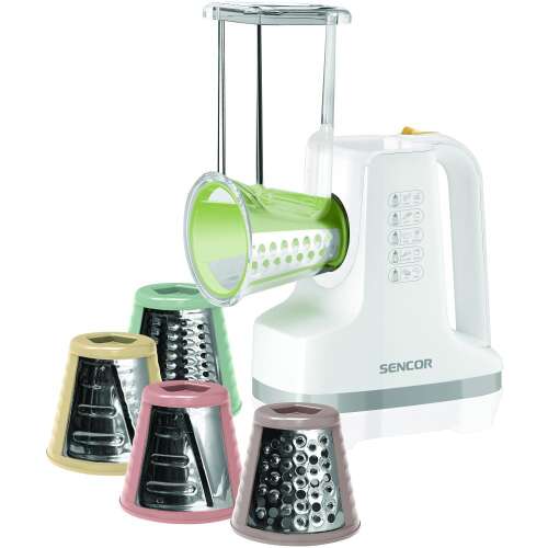 Slicer electric Sencor SSG 4300WH cu 5 lame interschimbabile pentru felierea, razuirea si maruntirea legumelor si fructelor