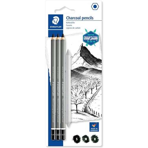 Staedtler Mars Lumograph Kohlebleistifte-Set mit 4 Stiften, enthält 3 Kohlebleistifte und 1 Papierstummel, perfekt zum Skizzieren und Zeichnen