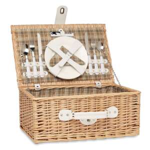 Koszyk piknikowy z wikliny z białym uchwytem, otwarty, pokazujący sztućce, talerze, szklanki i serwetki - Kosz piknikowy