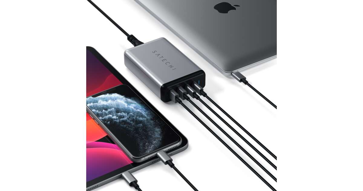 Încărcător de călătorie Satechi Dual Type-C PD, 2x USB-C, 2x USB-A, putere totală max. 75W, gri 77729158