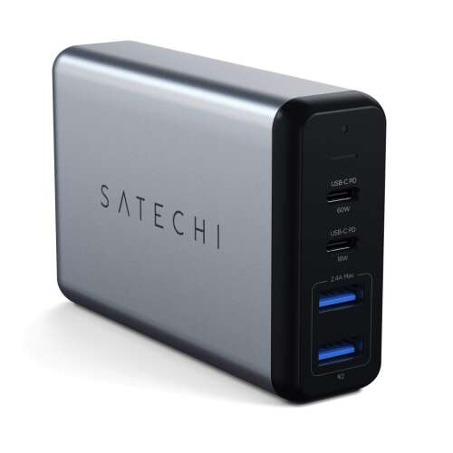 Satechi 75W Dual Type-C PD Putni punjač, Svemirska siva, 2 USB-A, 1 USB-C PD 18W, 1 USB-C PD 60W