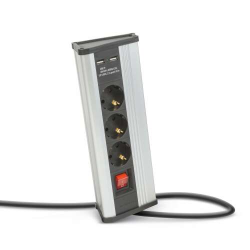 Delight corner power socket with power switch, 3 sockets, 2 USB ports, aluminum housing