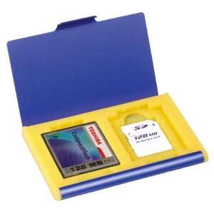 Dörr Multi-Safe memóriakártya-tartó, kék és sárga színben, nyitva, memóriakártyákkal - Kártyaolvasó