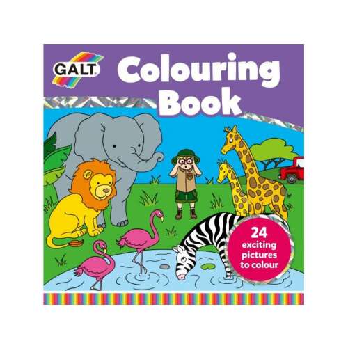 Galt colouring book with 24 exciting pictures to colour, featuring animals like a lion, elephant, giraffe, zebra, and flamingos