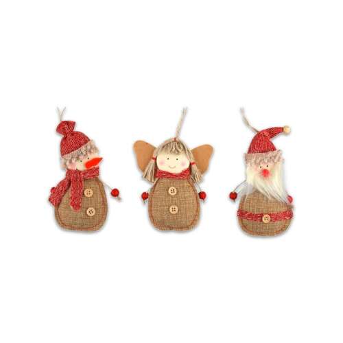 Set de 3 ornamente pentru pomul de Crăciun, om de zăpadă, înger și Moș Crăciun, din pânză de sac și țesătură, 11 cm