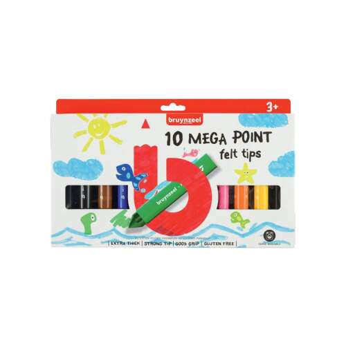Bruynzeel 10 db Mega Point filctoll készlet gyerekeknek, 3 éves kortól, extra vastag, erős hegyű, jó fogású, gluténmentes