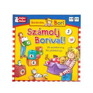 Keller & Mayer Számolj Borival! Brettspielbox, mit einem Mädchen auf der Vorderseite, mit dem Titel und den Spieldetails - Keller&Mayer
