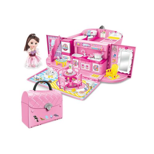 Puppenhaus Tasche - Küchenspielset mit Puppe, Tragbares Puppenhaus mit Zubehör