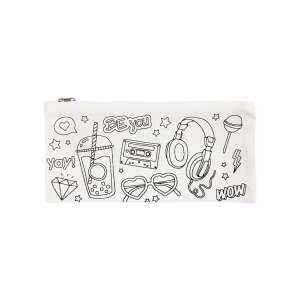 Weißer Stiftetui mit Reißverschluss, mit einem lustigen Design aus gekritzelten Symbolen wie Kopfhörern, Sonnenbrillen, einem Kassettenrekorder und einem Boba-Tee-Becher. Perfekt zum Aufbewahren von Stiften, Bleistiften und anderen kleinen Gegenständen. - Schreibwaren & Schreibmaterial