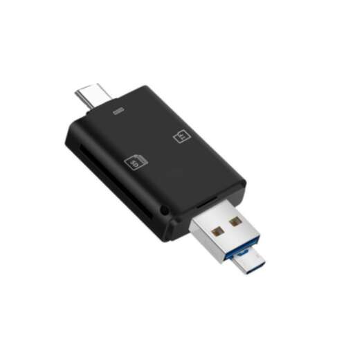 3in1-ben OTG kártyaolvasó, TF kártya, SD kártya, USB-C, MicroUSB és USB 2.0 csatlakozóval, fekete