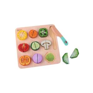 Joc de puzzle cu legume de tăiat din lemn Classic World, 20 de piese, include cuțit, tăietură și diverse legume, cum ar fi roșie, castravete, ardei, ciupercă și multe altele - Joacă alimente