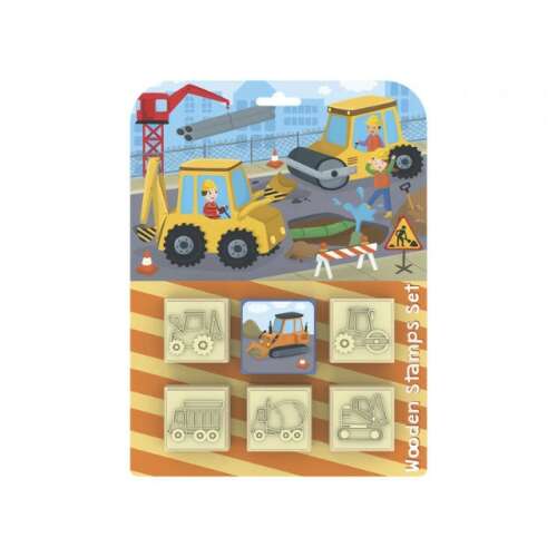 Fa bélyegző készlet építőipari járművekkel, 5 db, tintával