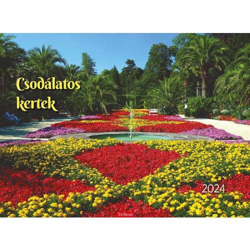 Kalendart 2024 Csodálatos kertek falinaptár, színes virágos kerttel és szökőkúttal