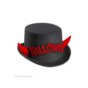 Fekete filc cilinderkalap piros Halloween felirattal és szarvakkal, felnőtt méret - Widmann