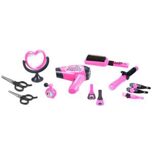 Pink toy hairdryer, hairbrush, scissors, nail polish bottles, and other accessories included in the MDX Fashion Princess Beauty Play Set - Vanity Table, Makeup Set, Fragrance
