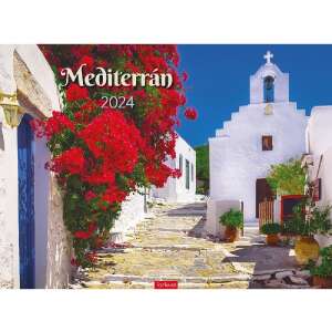 2024 Mediterraner Wandkalender mit einem Bild einer weißen Kirche und roten Blumen - TOPTIMER
