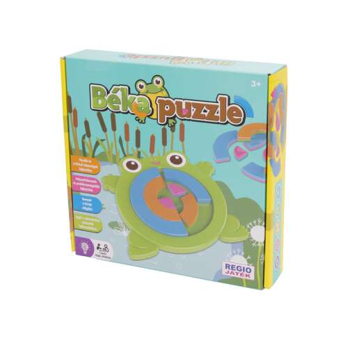 Opakowanie gry planszowej Béka puzzle, przedstawiające zieloną żabę z kolorowymi puzzlami
