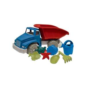 Blue and red toy dump truck with accessories for sand play, including a watering can, molds, shovel and rake - Pool and Beach Toy