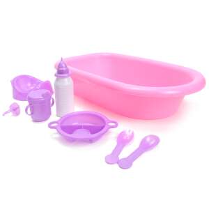 Zestaw do kąpieli dla lalek Baby Rose z akcesoriami, w tym wanną, butelką, miską, kubkiem i sztućcami - Akcesoria dla lalek