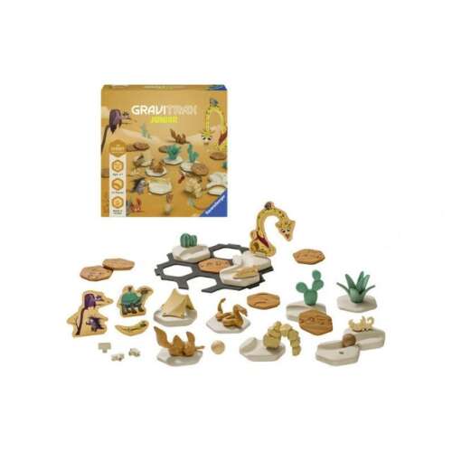 Gravitrax Junior Decorarea Deșertului meu set de extindere, include diverse piese cu tematică deșert, cum ar fi cactuși, animale și o cort, pentru construirea de trasee pentru bile