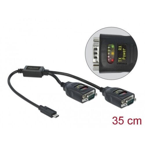 Delock Átalakító USB Type-C    2 x Soros RS-232 DB9 15 kV ESD védelemmel 167601971 - Soros átalakító