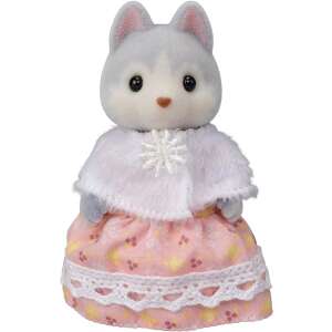 Sylvanian Families Husky Family mother figure, wearing a pink dress and white fur coat with a snowflake detail - Figure