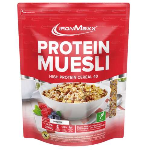 IronMaxx® Protein Muesli 2000g banán ízű, magas fehérjetartalmú müzli, 48% fehérje, alacsony szénhidrát, alacsony cukor, vegán, laktózmentes, gluténmentes