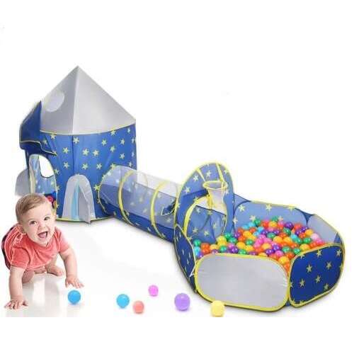 Kék és sárga csillagos mintás játszósátor alagúttal és labdamedencével, gyerekeknek, beltéri és kültéri játékhoz