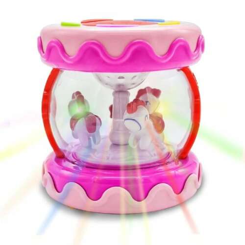 Rózsaszín zenélő körhinta játék forgó lovacskákkal, fényekkel és hangokkal, csecsemőknek és kisgyermekeknek