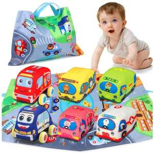 Játékautó készlet ,puha, csörgő plüss járművek 2in1 hordozótáskával és játszószőnyeggel, 6 db 78053611 Fejlesztő játékok babáknak