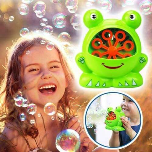 Zöld béka alakú automata buborékfújó gép, percenként több száz buborékot fúj, tökéletes bulikhoz és gyerekeknek