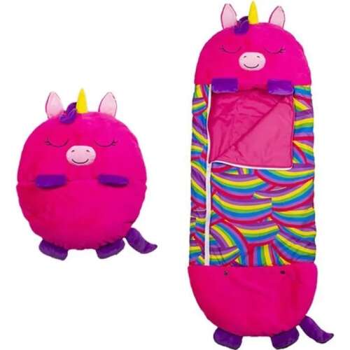 Rózsaszín unikornis plüss hálózsák, átalakítható párnává, tökéletes alvós bulikhoz és kempingezéshez