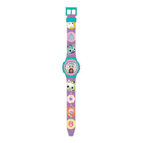 Gabby's Dollhouse digital watch for kids, featuring Gabby and her cat friends, purple strap with colorful cat designs