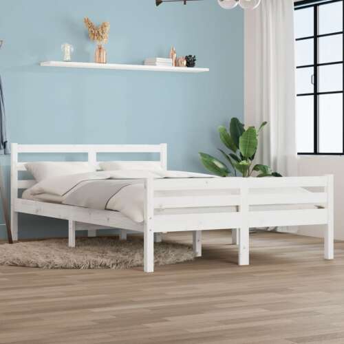 vidaXL fehér tömör fa ágykeret 140x200 cm, modern hálószoba bútor, fenyőfa, léces alap, fejtámla 