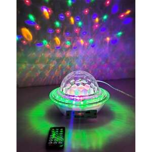 UFO Magic Disco Light with USB connection and Bluetooth speaker, showing the light effect, remote control and the device itself - Night Light, Projector