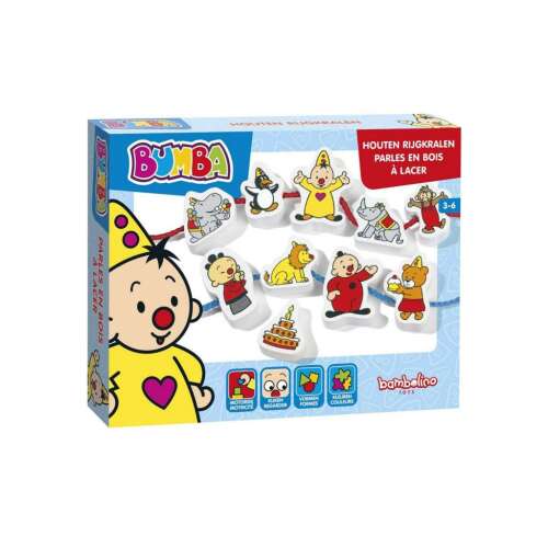 Bumba Holz-Schnürperlen Spielzeugverpackung mit Bumba-Charakteren und einer bunten Schnur