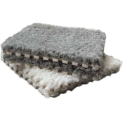 Dollcini 10 piece plush puzzle carpet tiles in white and gray