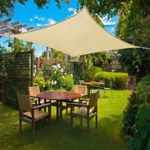 Beige square shade sail 5x5 m providing shade over outdoor seating area