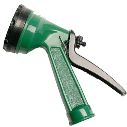 Green and black plastic 5-function adjustable garden hose nozzle