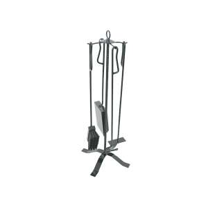 4 piece fireplace tool set with stand, black metal, includes poker, shovel, brush, and tongs - Fireplace & stove cleaning tool