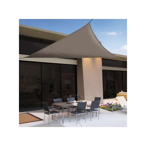 Brown triangular shade sail, 3.6 x 3.6 x 3.6 meters, for outdoor patio, garden, or poolside shade