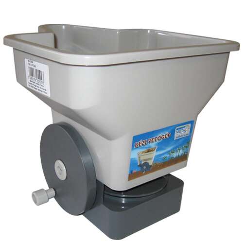 Manual seed spreader, hand-operated, for planting seeds, garden tool, gray plastic, with wheel