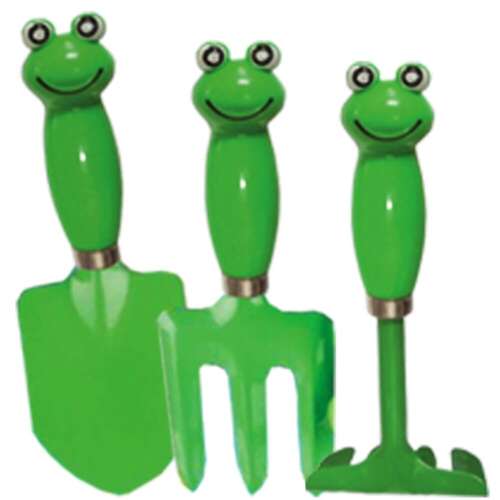 Grünes Frosch-Gartengeräteset für Kinder, 3-teilig, beinhaltet Schaufel, Rechen und Gabel