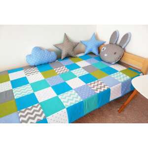 Türkizkék patchwork ágytakaró, kézzel készített, öko-barát, gyerekeknek, 200x110 cm - Ágytakaró